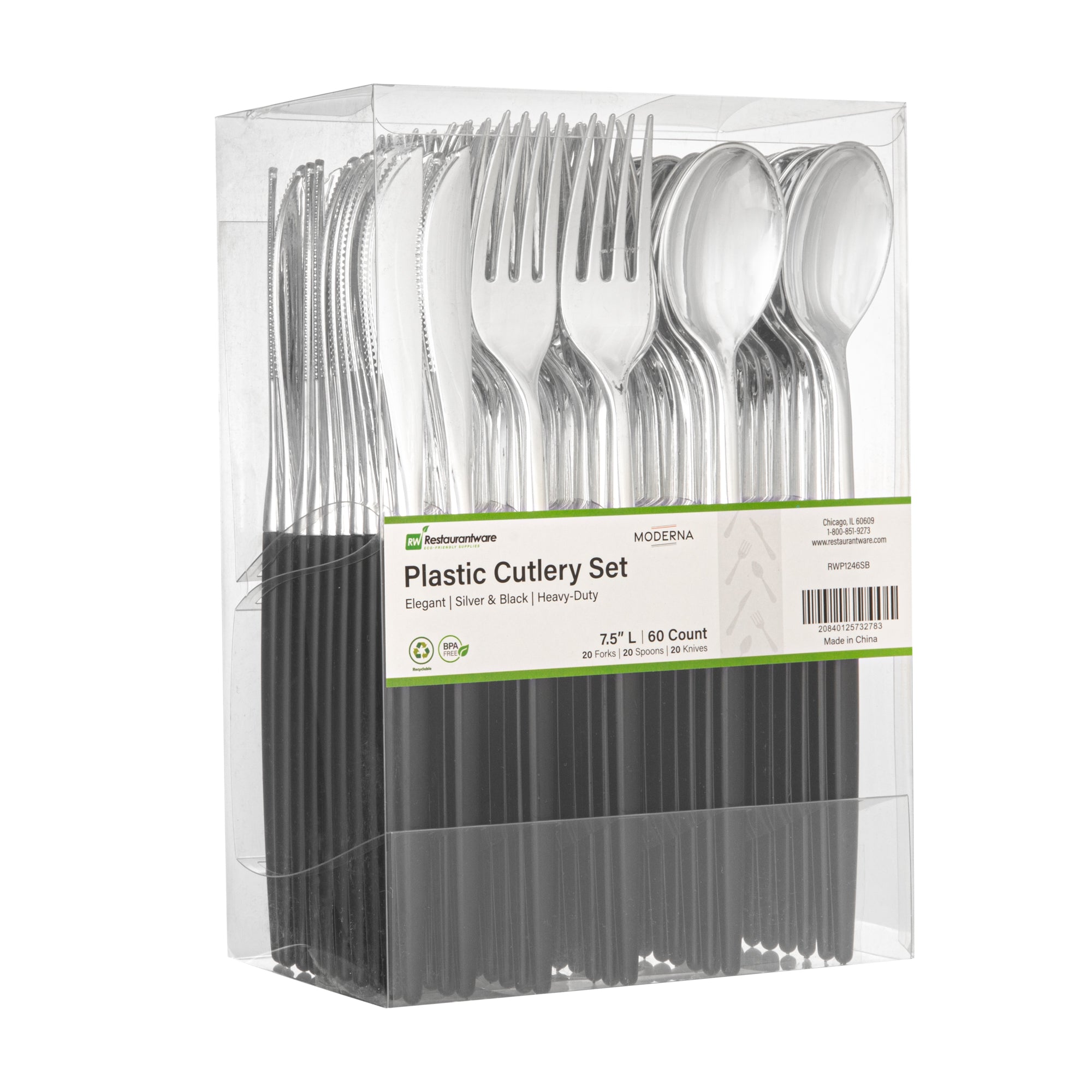 Moderna Silver Plastic Cutlery Set - with Black Handle - 7 1/2" - 60 count box