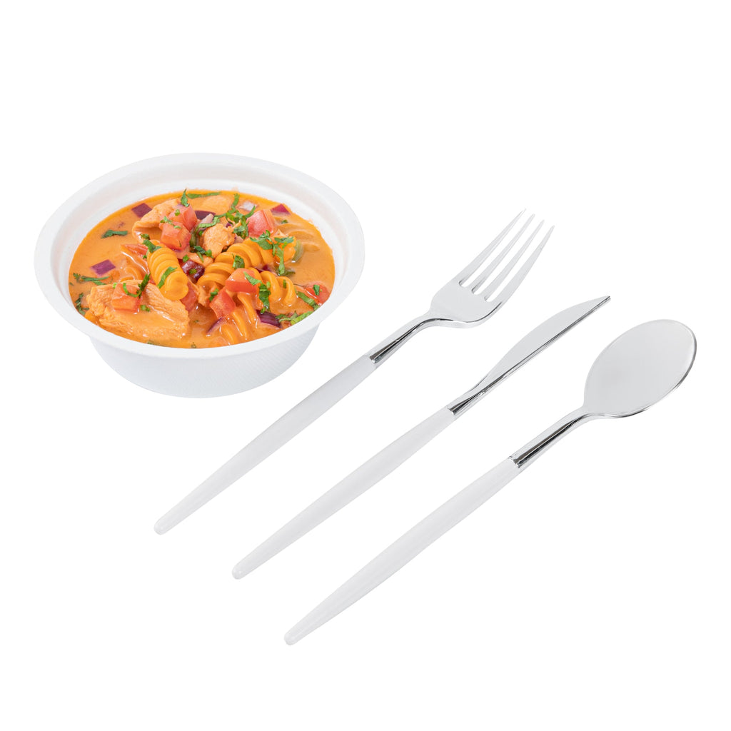 Moderna Silver Plastic Cutlery Set - with White Handle - 7 1/2" - 60 count box