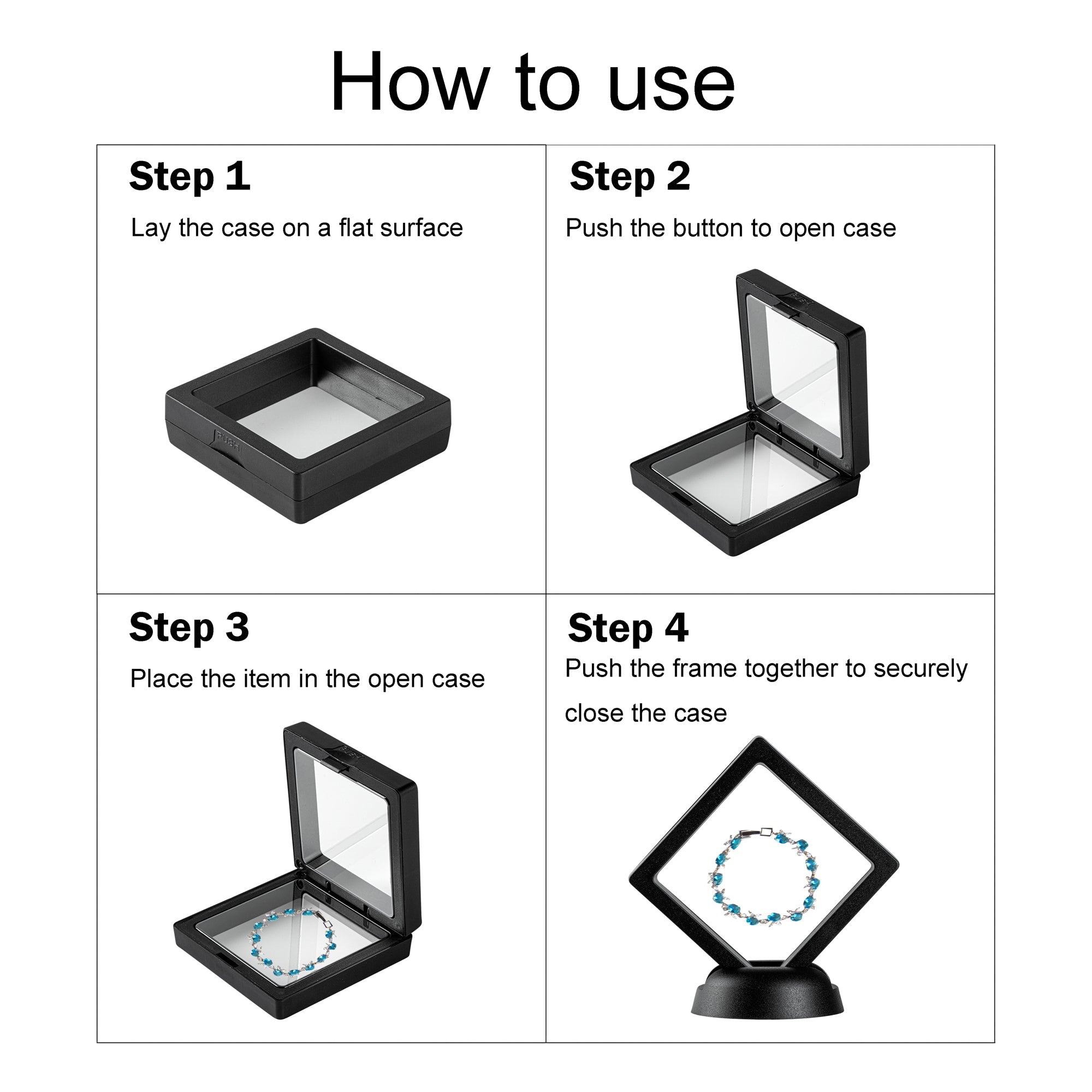 Display Tek Square Black Plastic 3D Floating Display Case - 4 1/4" x 4 1/4" x 3/4" - 10 count box