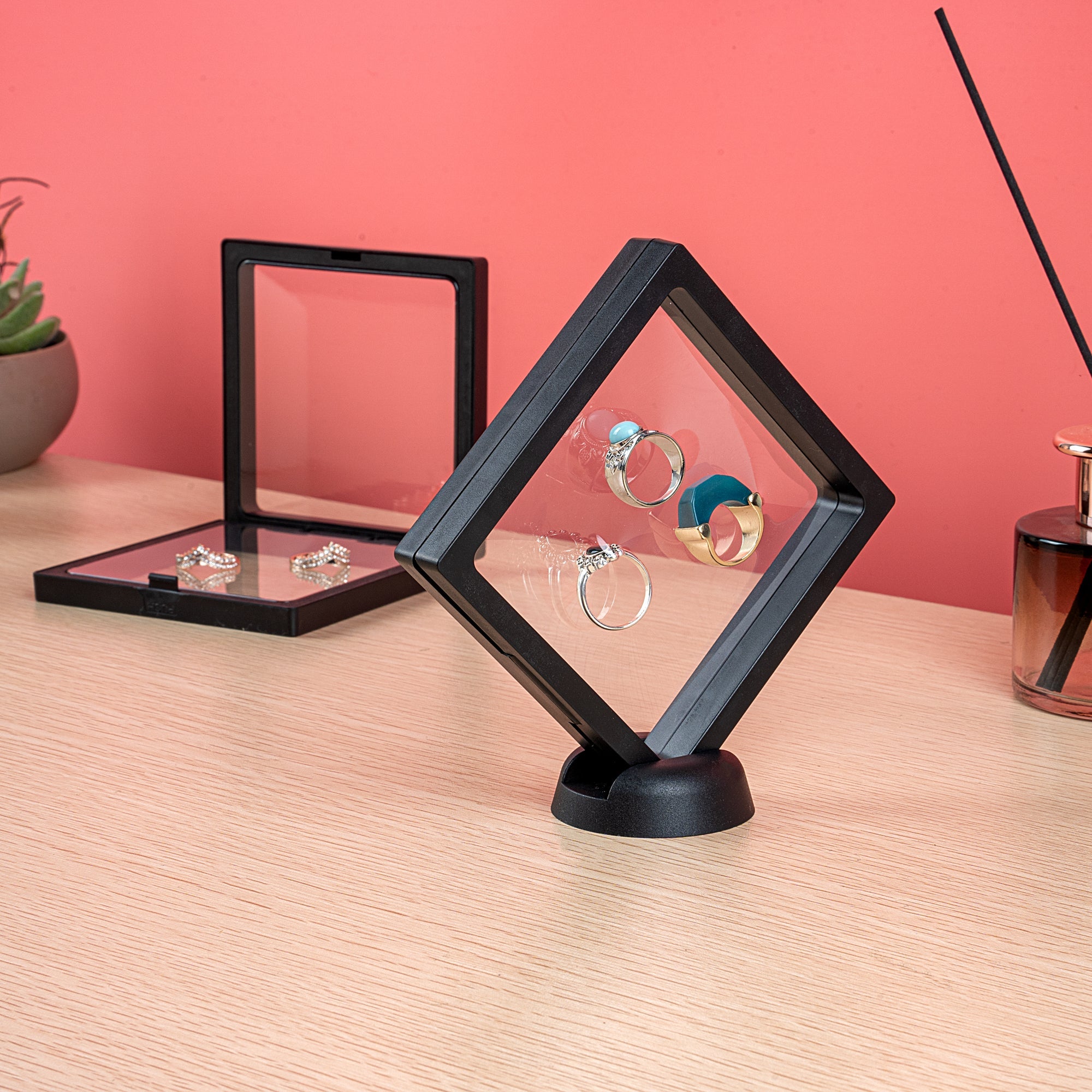 Display Tek Square Black Plastic 3D Floating Display Case - 4 1/4" x 4 1/4" x 3/4" - 10 count box