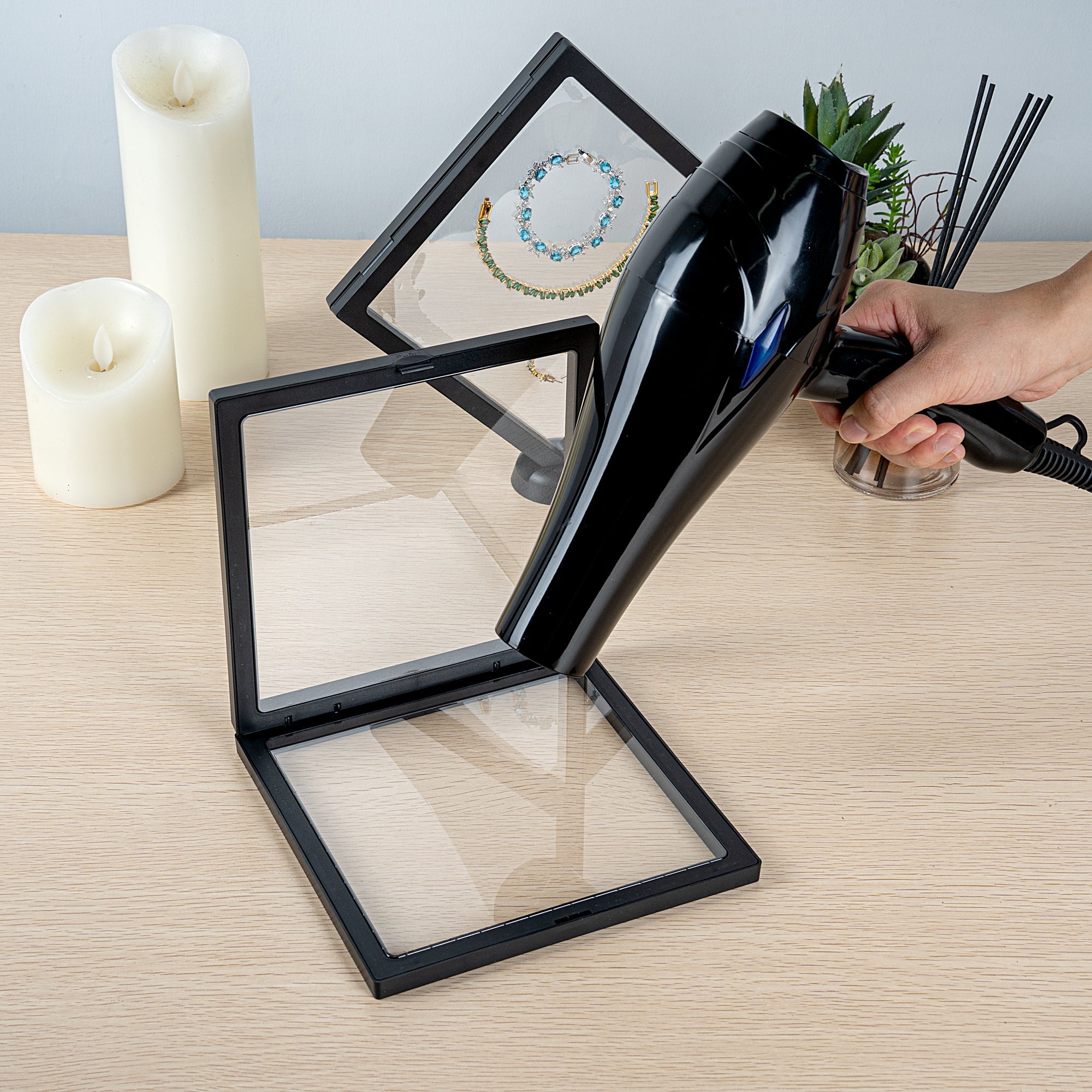 Display Tek Square Black Plastic 3D Floating Display Case - 7" x 7" x 3/4" - 10 count box