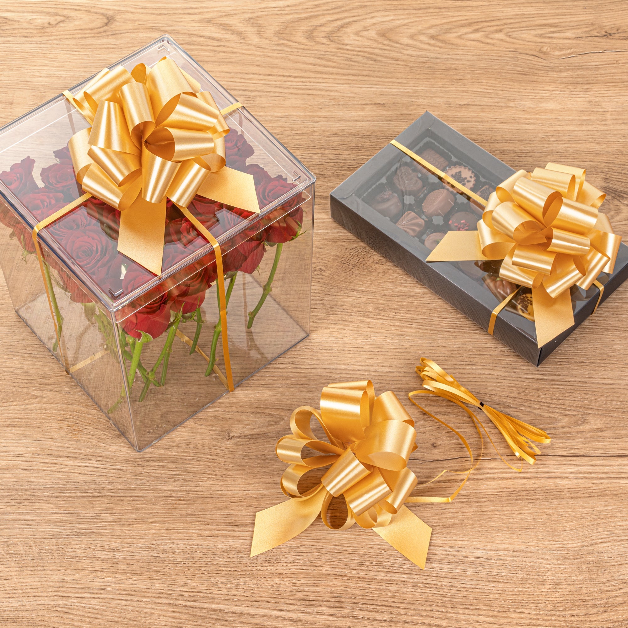 Gift Tek Gold Plastic Flora Satin Pull Bow - 5 1/2" - 1000 count box