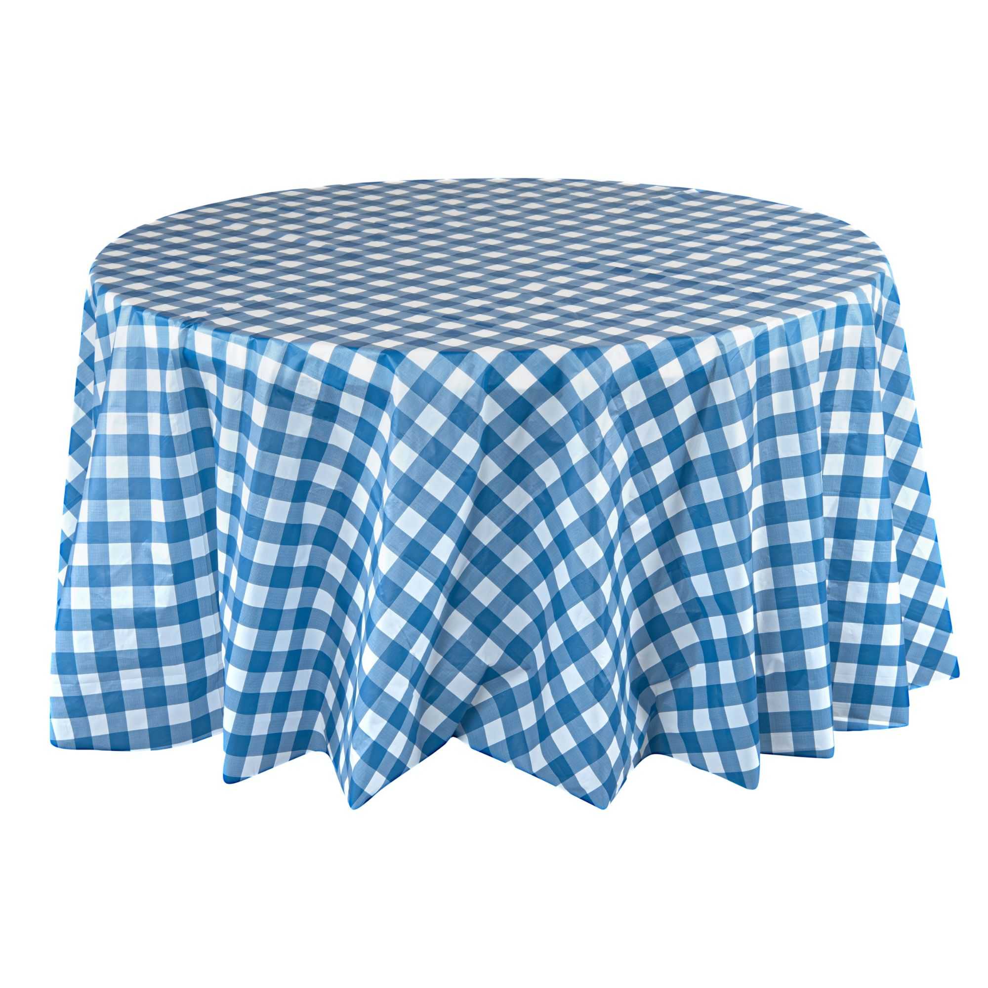 Table Tek Round Blue Gingham Plastic Table Cover - 84" - 2 count box