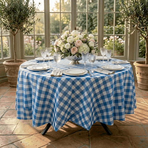 Table Tek Round Blue Gingham Plastic Table Cover - 84" - 2 count box