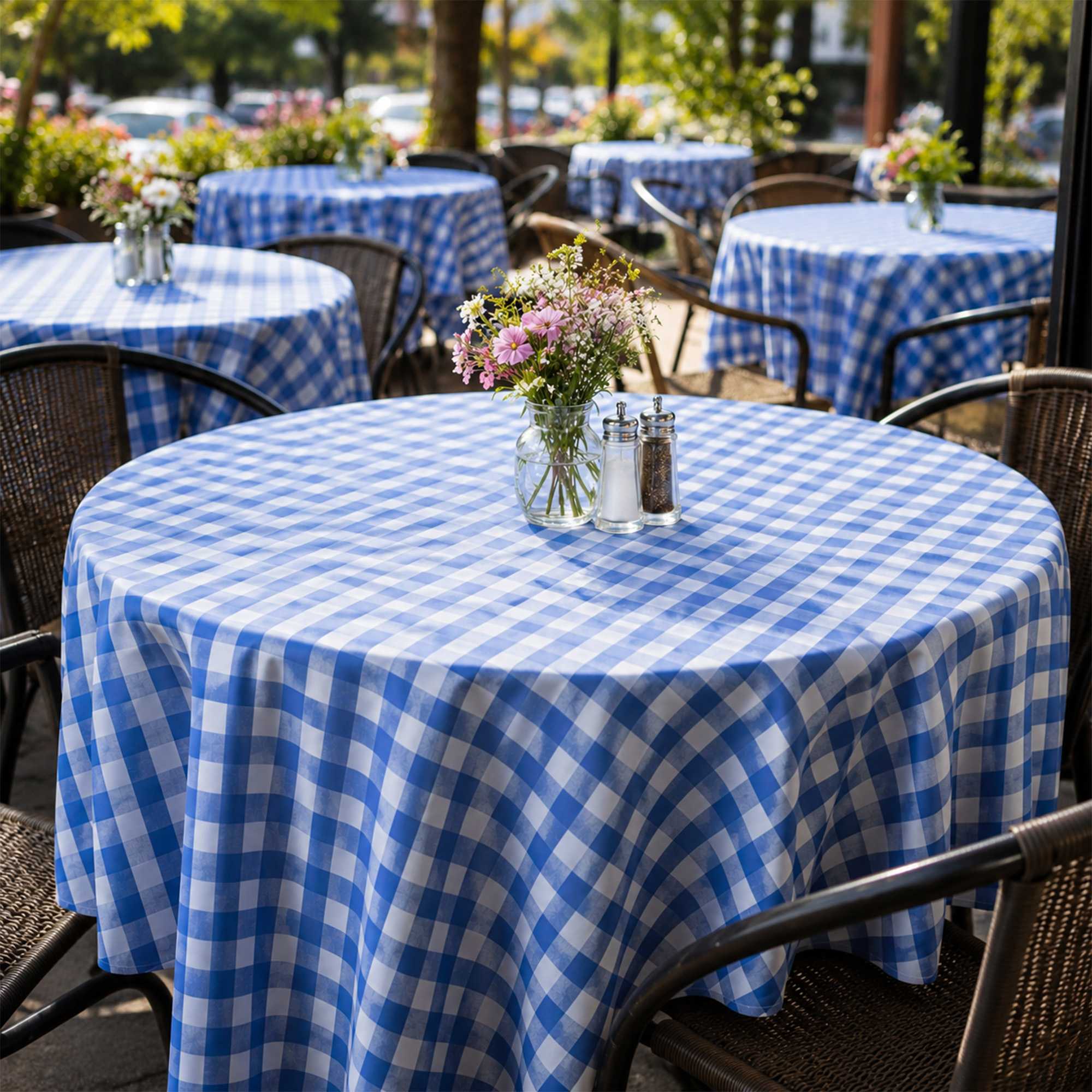 Table Tek Round Blue Gingham Plastic Table Cover - 84" - 20 count box