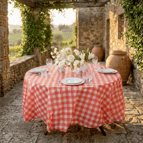 Table Tek Round Red Gingham Plastic Table Cover - 84" - 20 count box