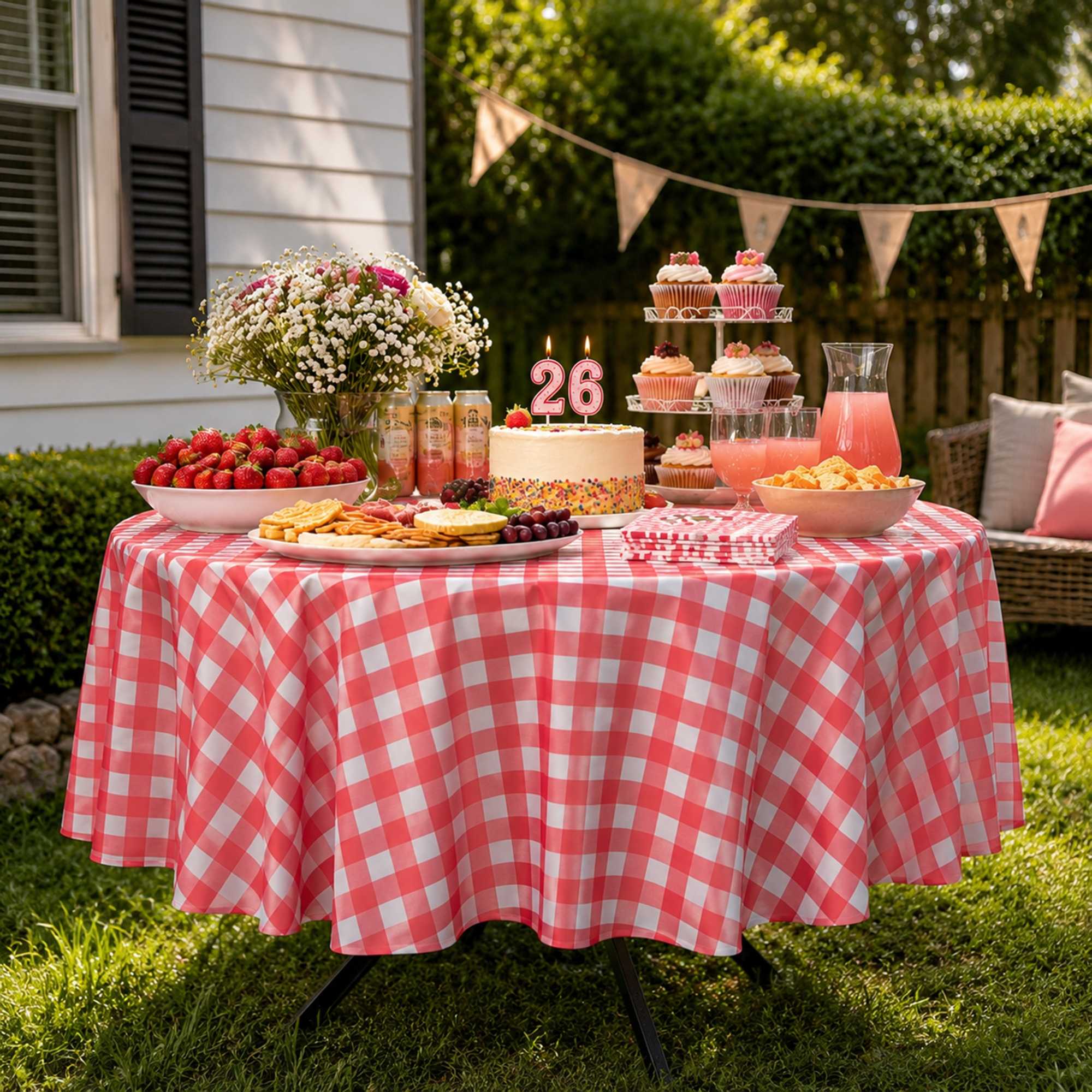 Table Tek Round Red Gingham Plastic Table Cover - 84" - 20 count box