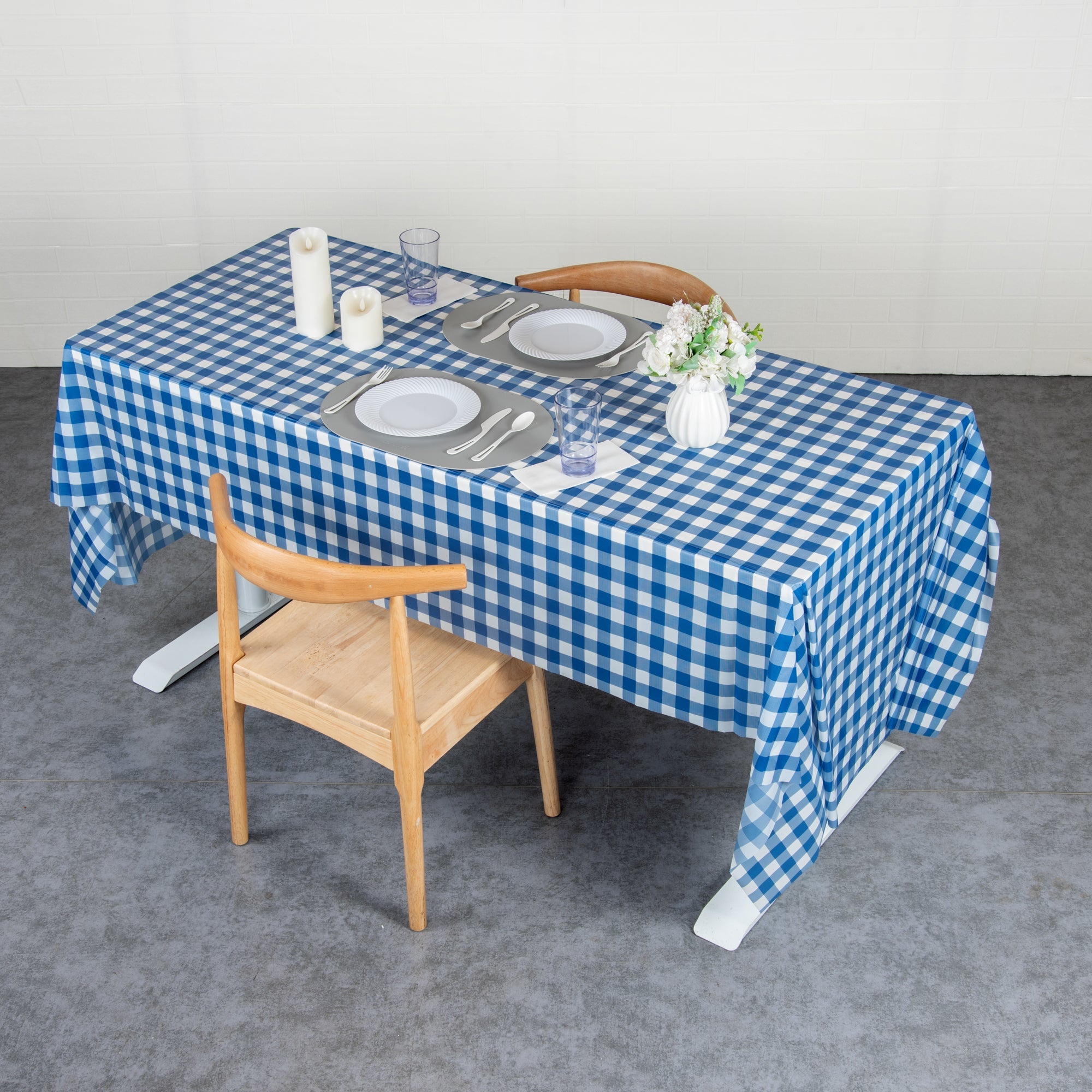 Table Tek Rectangle Gingham Blue Plastic Table Cover - 108" x 54" - 20 count box
