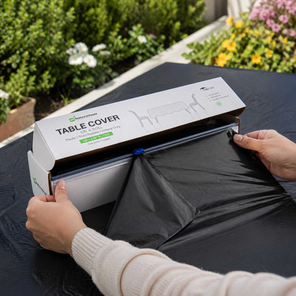 Table Tek Black Plastic Table Cover Roll - with Slide Cutter - 100' x 54" - 1 count box