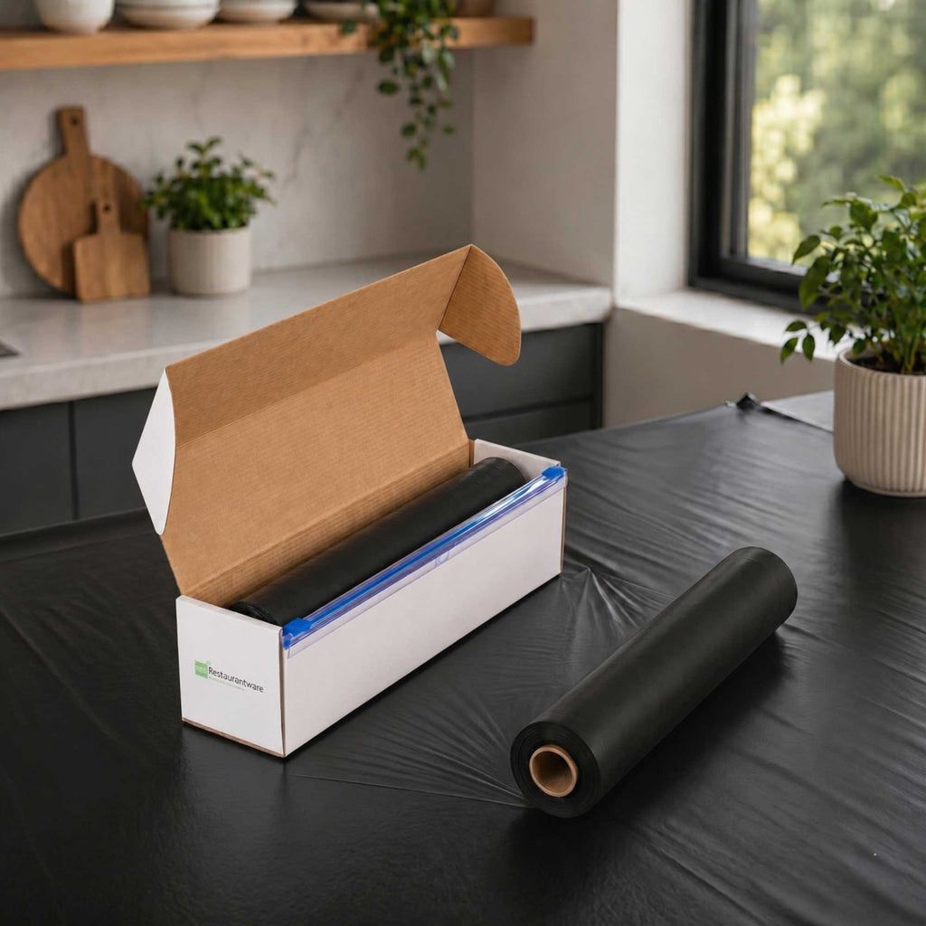 Table Tek Black Plastic Table Cover Roll - with Slide Cutter - 100' x 54" - 10 count box