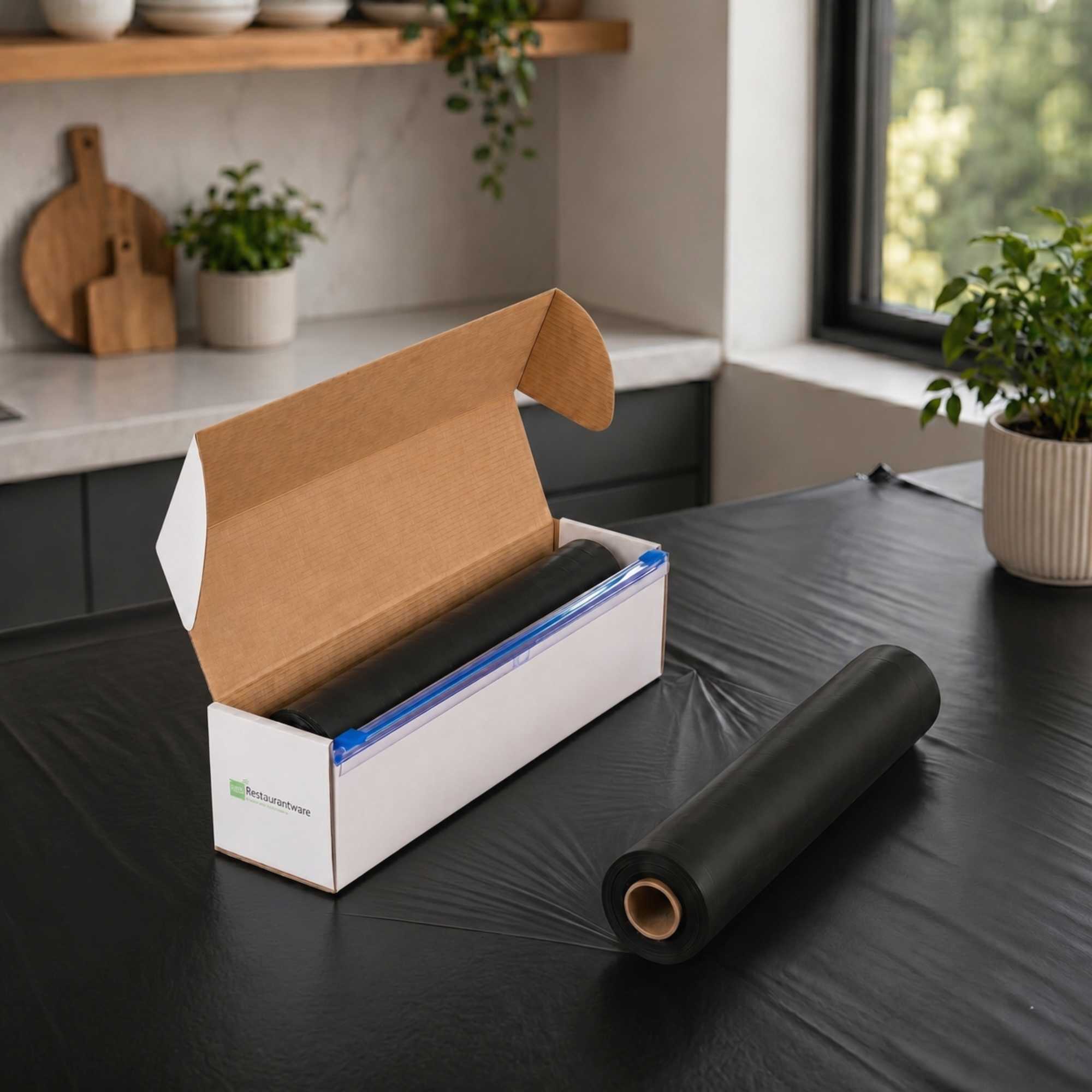 Table Tek Black Plastic Table Cover Roll - with Slide Cutter - 100' x 54" - 10 count box