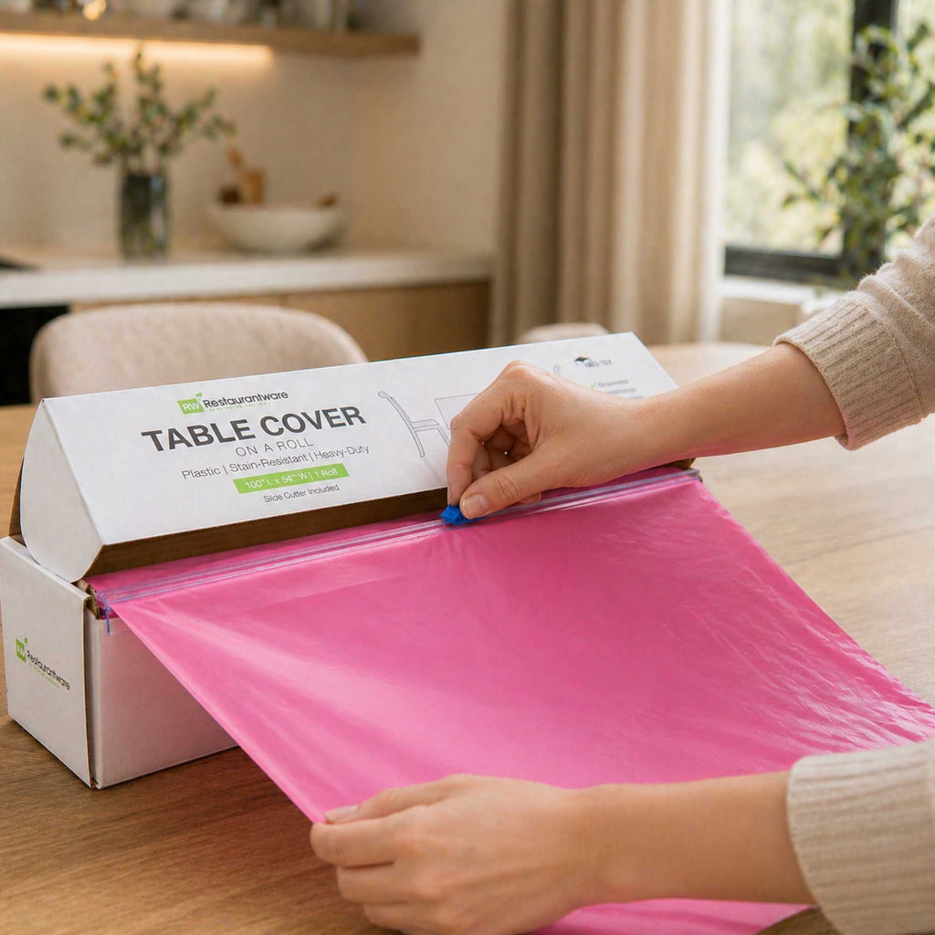 Table Tek Pink Plastic Table Cover Roll - with Slide Cutter - 100' x 54" - 1 count box