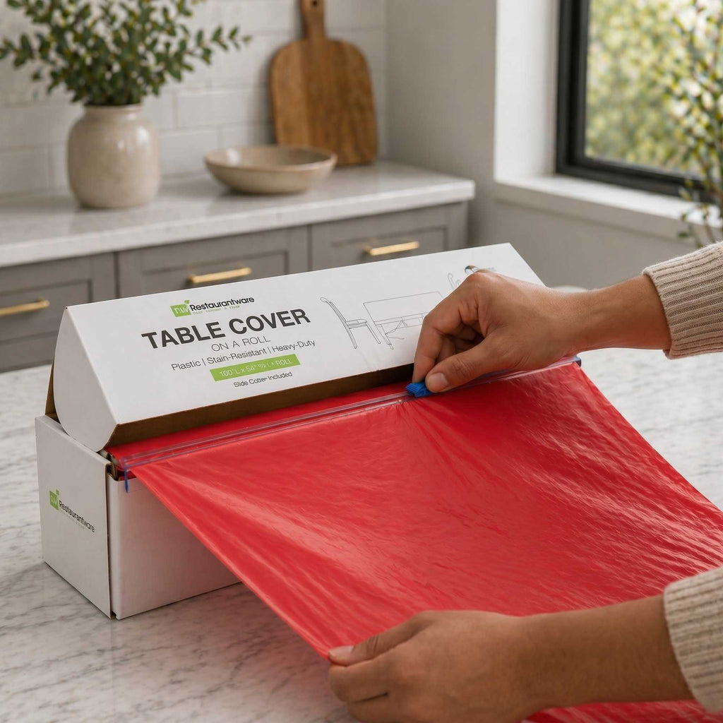 Table Tek Red Plastic Table Cover Roll - with Slide Cutter - 100' x 54" - 1 count box