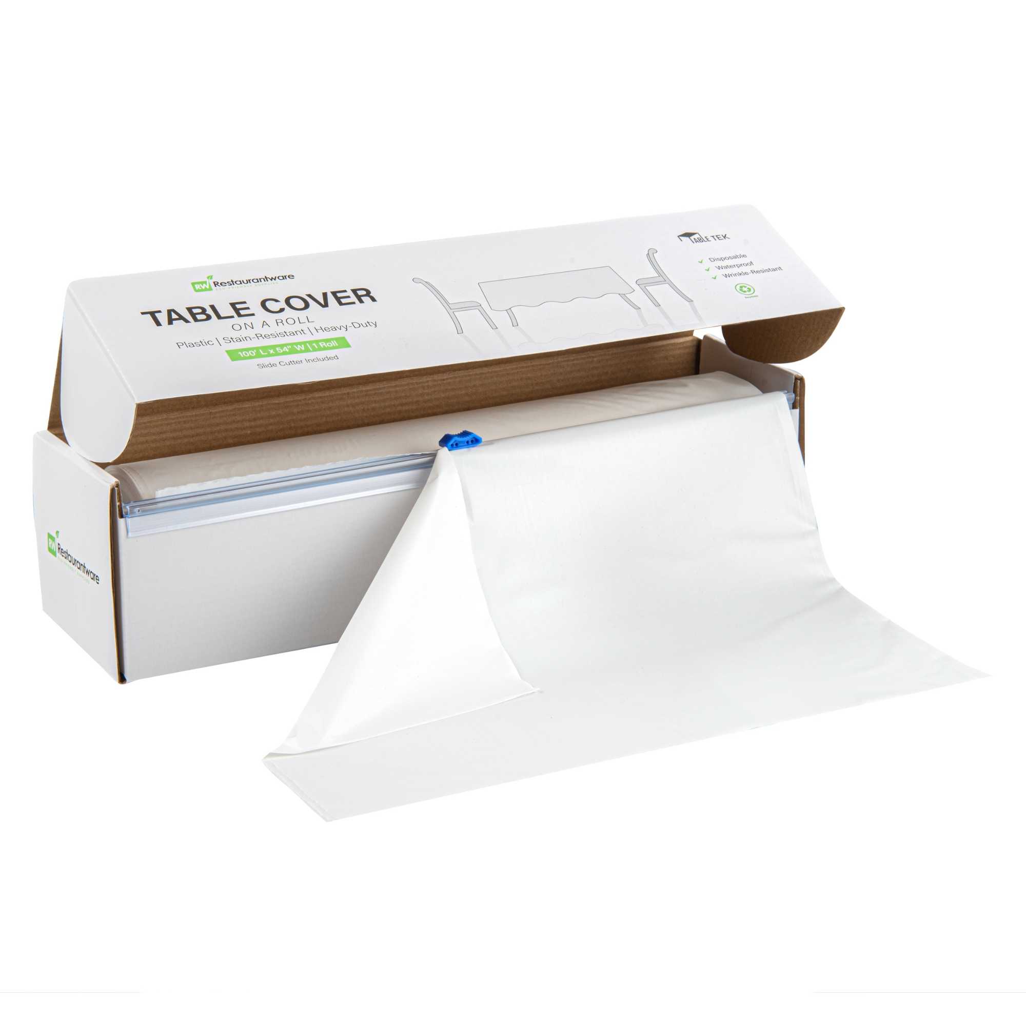 Table Tek White Plastic Table Cover Roll - with Slide Cutter - 100' x 54" - 1 count box