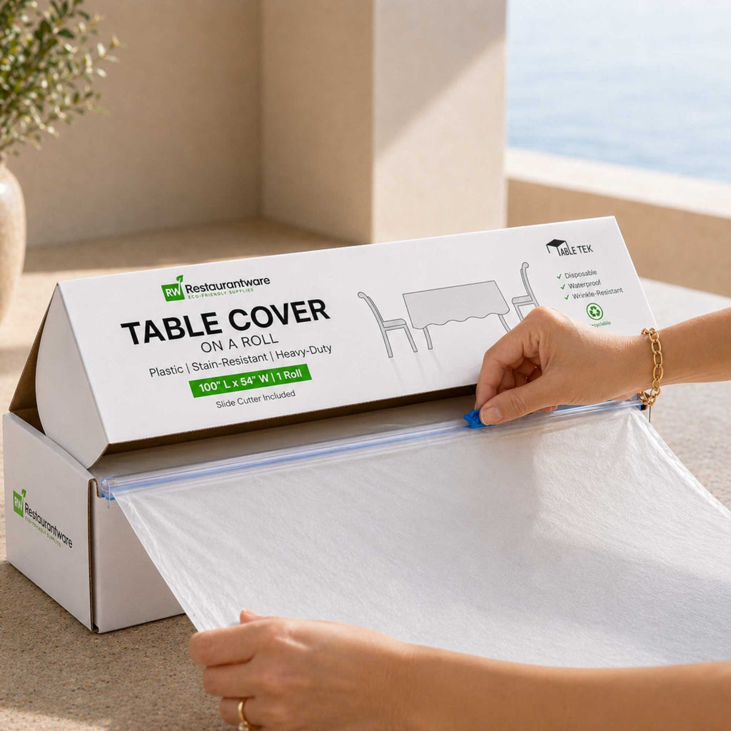 Table Tek White Plastic Table Cover Roll - with Slide Cutter - 100' x 54" - 1 count box