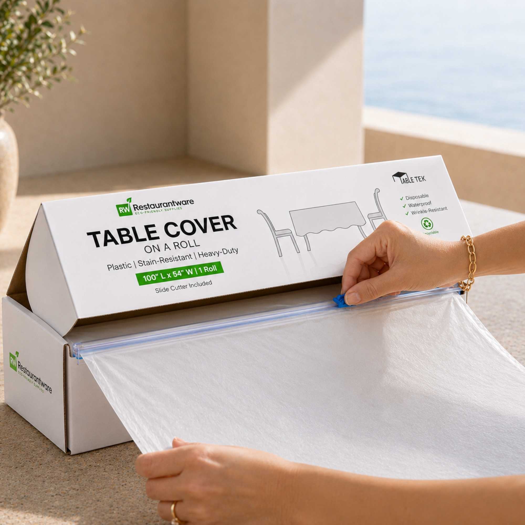 Table Tek White Plastic Table Cover Roll - with Slide Cutter - 100' x 54" - 1 count box