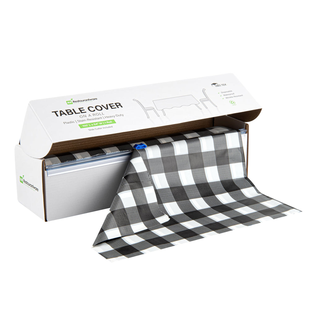 Table Tek Black Gingham Plastic Table Cover Roll - with Slide Cutter - 100' x 54" - 1 count box