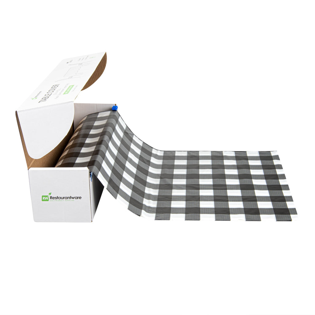 Table Tek Black Gingham Plastic Table Cover Roll - with Slide Cutter - 100' x 54" - 10 count box