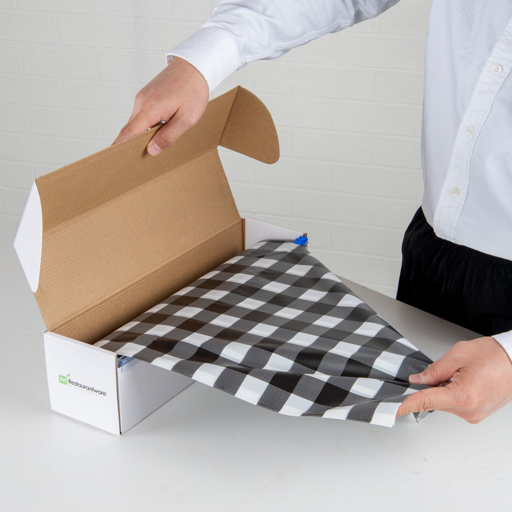 Table Tek Black Gingham Plastic Table Cover Roll - with Slide Cutter - 100' x 54" - 10 count box