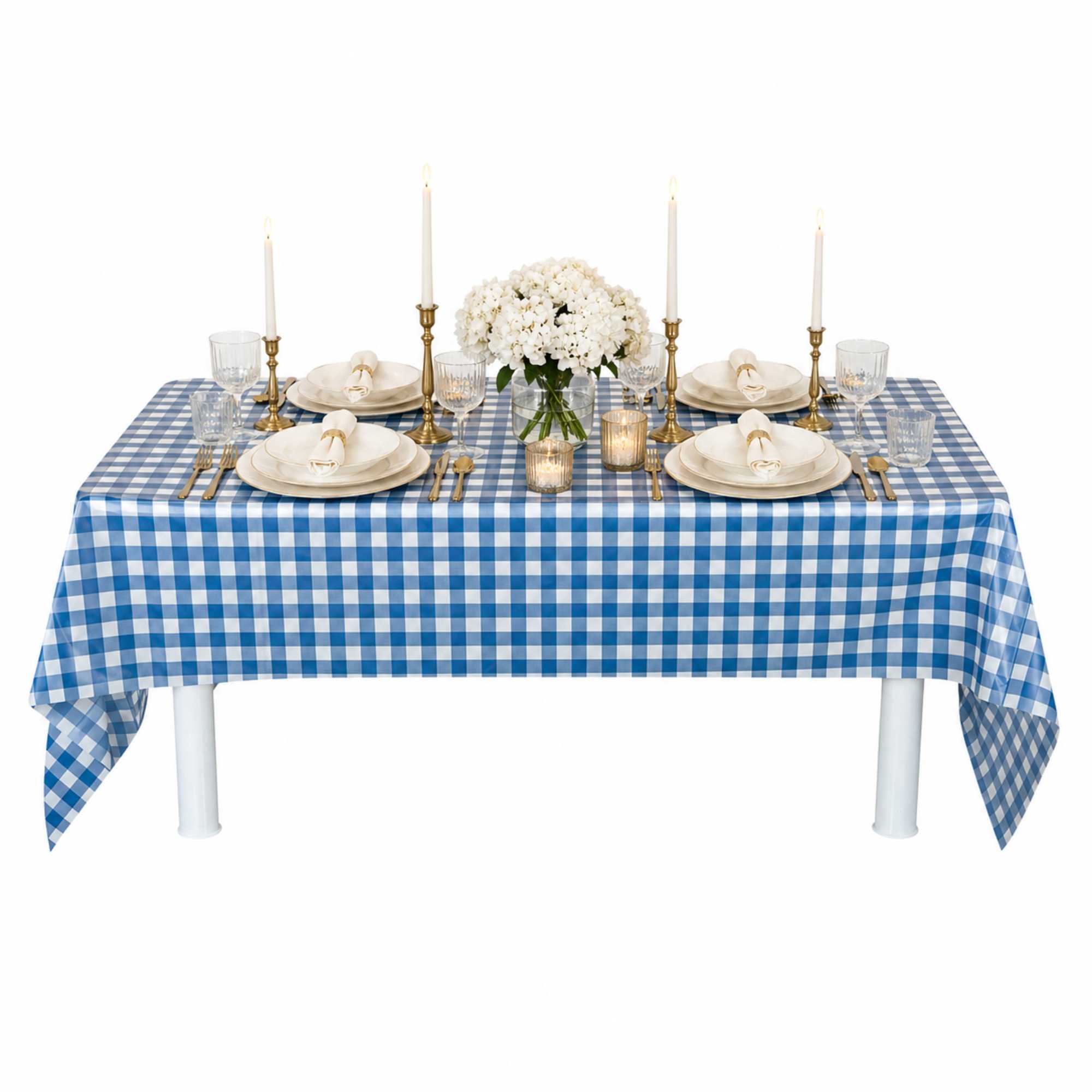 Table Tek Blue Gingham Plastic Table Cover Roll - with Slide Cutter - 100' x 54" - 10 count box