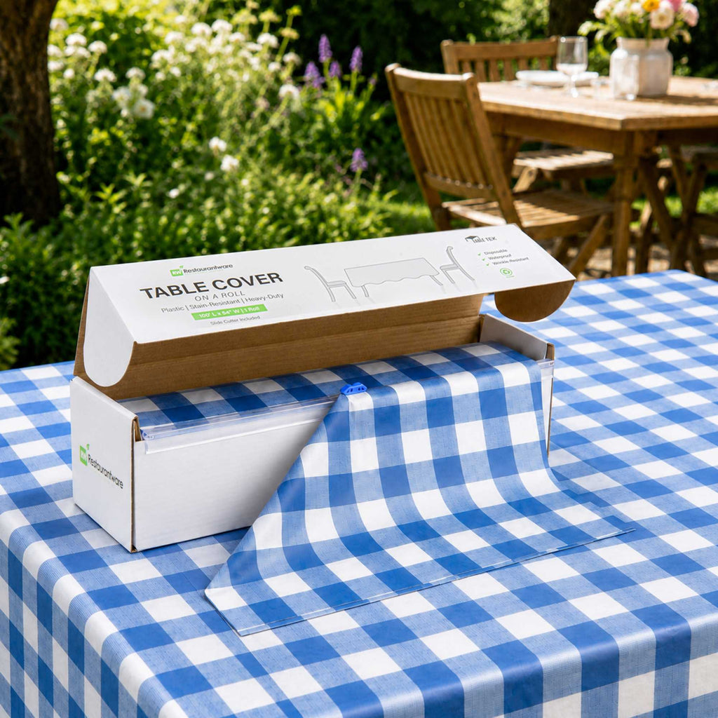 Table Tek Blue Gingham Plastic Table Cover Roll - with Slide Cutter - 100' x 54" - 10 count box