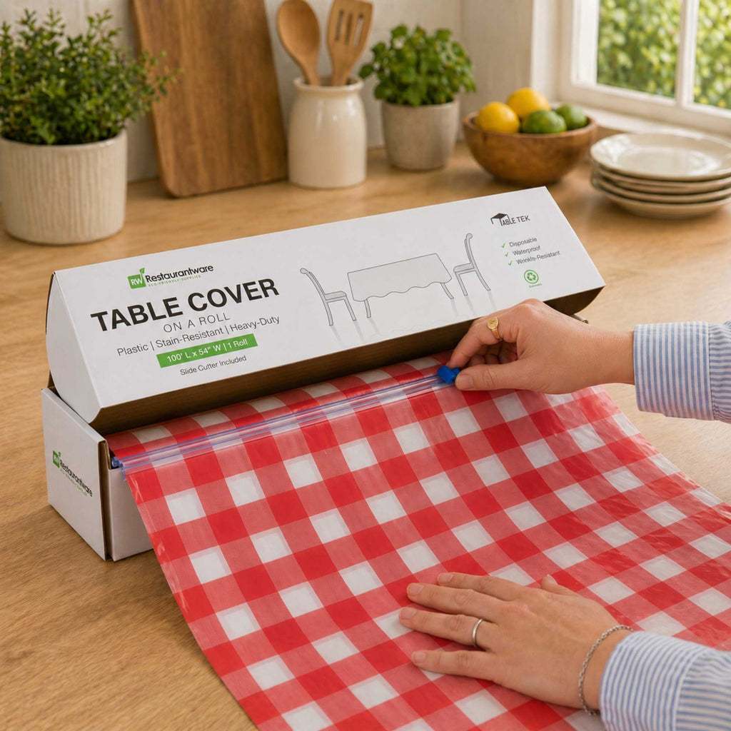 Table Tek Red Gingham Plastic Table Cover Roll - with Slide Cutter - 100' x 54" - 1 count box