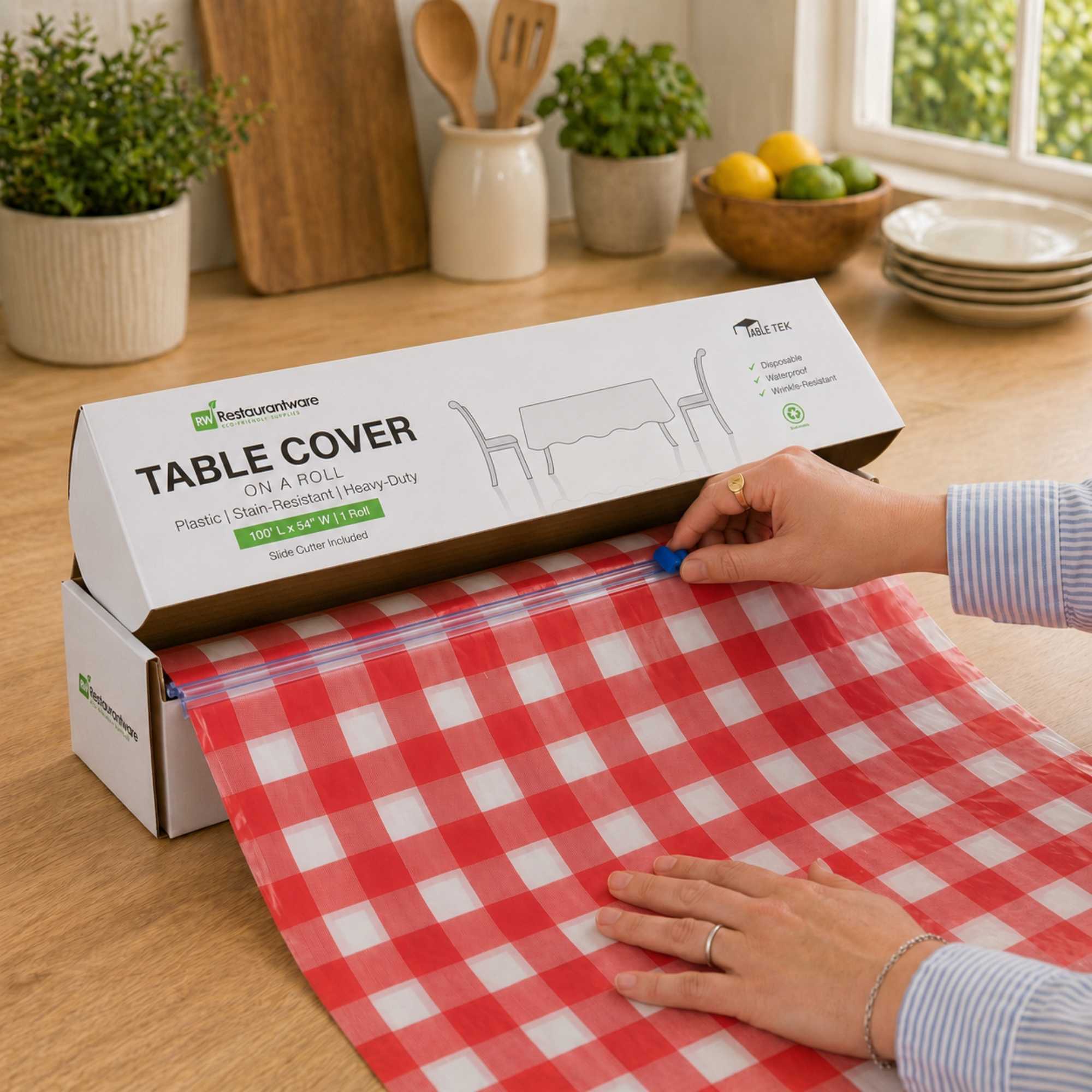 Table Tek Red Gingham Plastic Table Cover Roll - with Slide Cutter - 100' x 54" - 1 count box