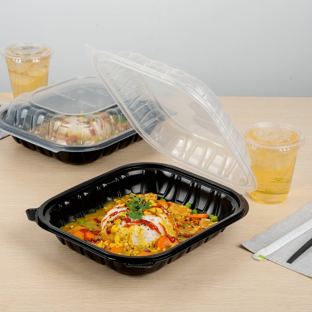 Thermo Tek 54 oz Black Plastic Clamshell Container - Microwavable - 10 1/4" x 9" x 3" - 100 count box