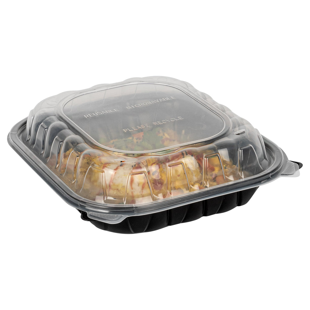 Thermo Tek 54 oz Black Plastic Clamshell Container - Microwavable - 10 1/4" x 9" x 3" - 100 count box