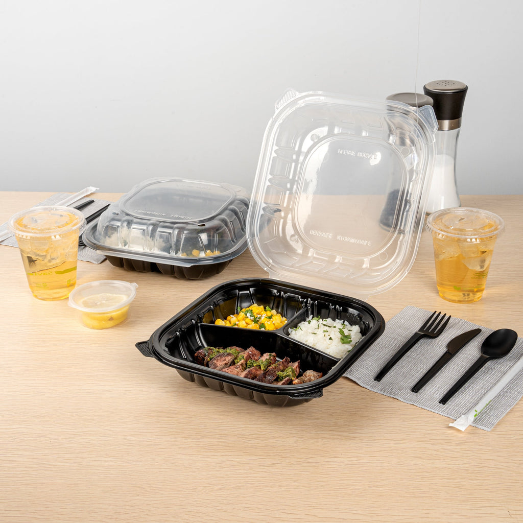Thermo Tek 40 oz Black Plastic Clamshell Container - 3 Compartments, Microwavable - 9" x 9" x 3" - 100 count box