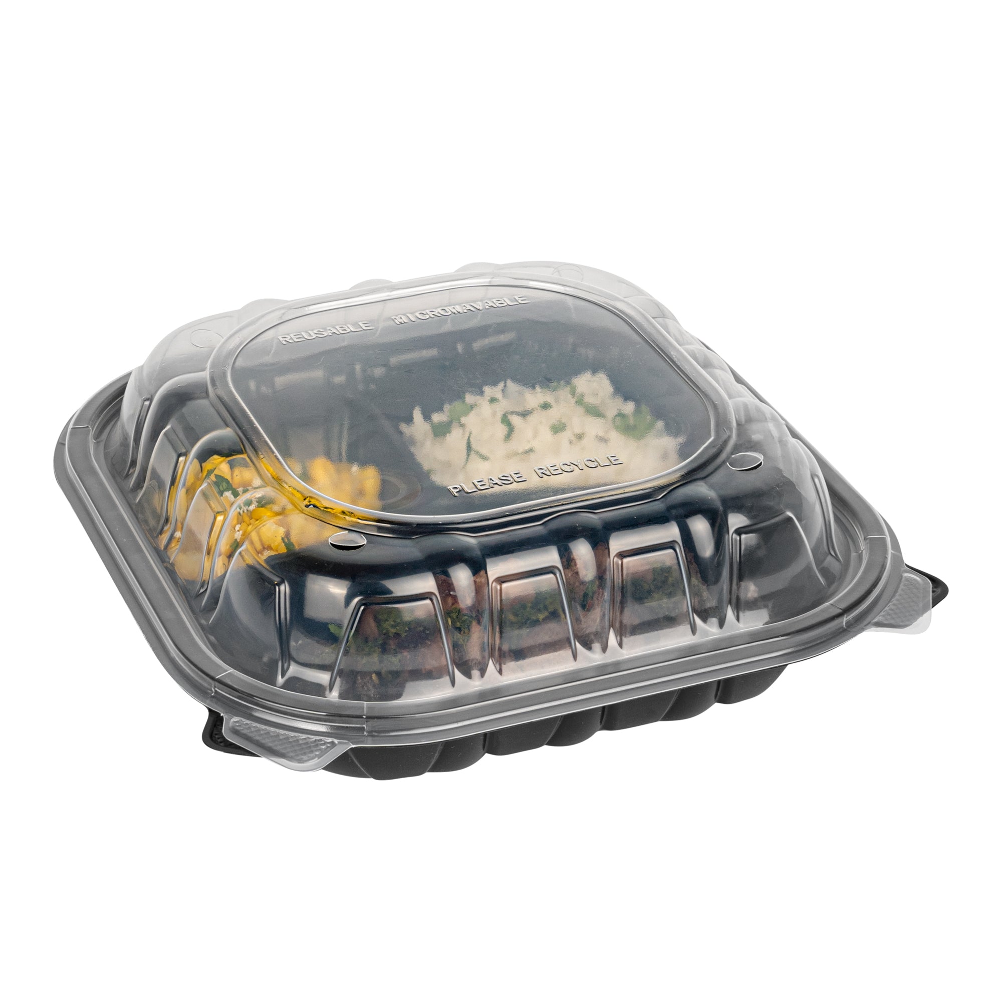 Thermo Tek 40 oz Black Plastic Clamshell Container - 3 Compartments, Microwavable - 9" x 9" x 3" - 100 count box