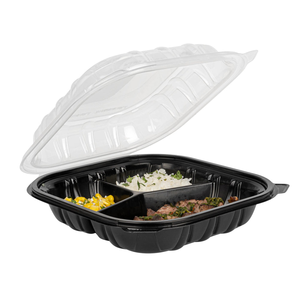Thermo Tek 40 oz Black Plastic Clamshell Container - 3 Compartments, Microwavable - 9" x 9" x 3" - 100 count box