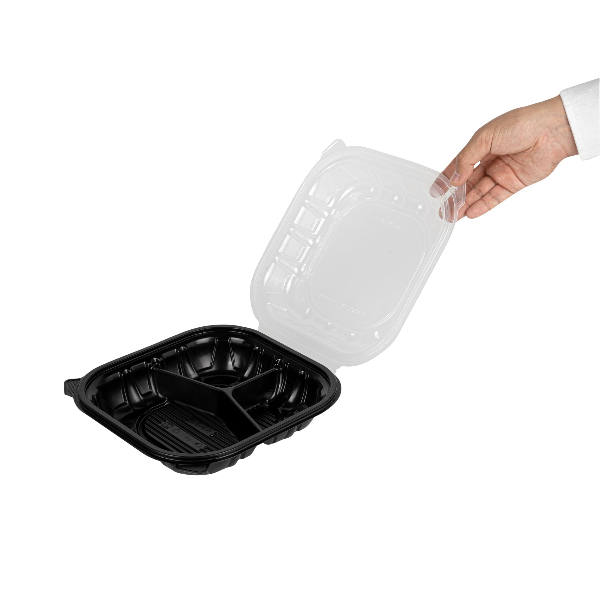 Thermo Tek 40 oz Black Plastic Clamshell Container - 3 Compartments, Microwavable - 9" x 9" x 3" - 100 count box