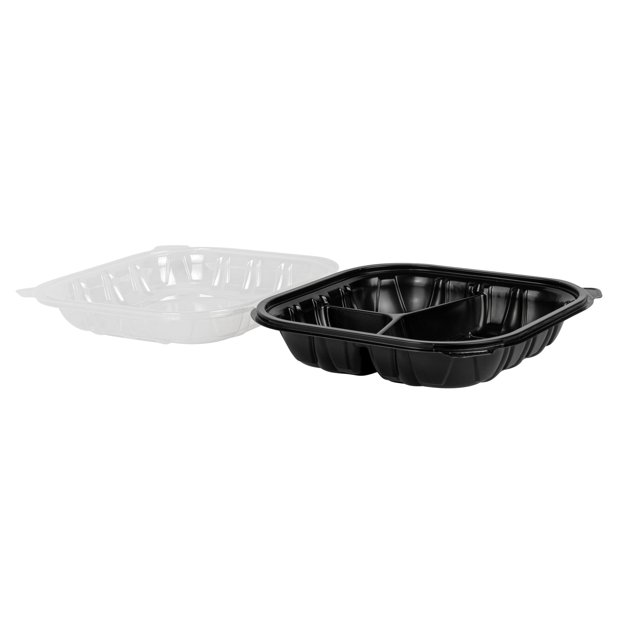 Thermo Tek 40 oz Black Plastic Clamshell Container - 3 Compartments, Microwavable - 9" x 9" x 3" - 100 count box