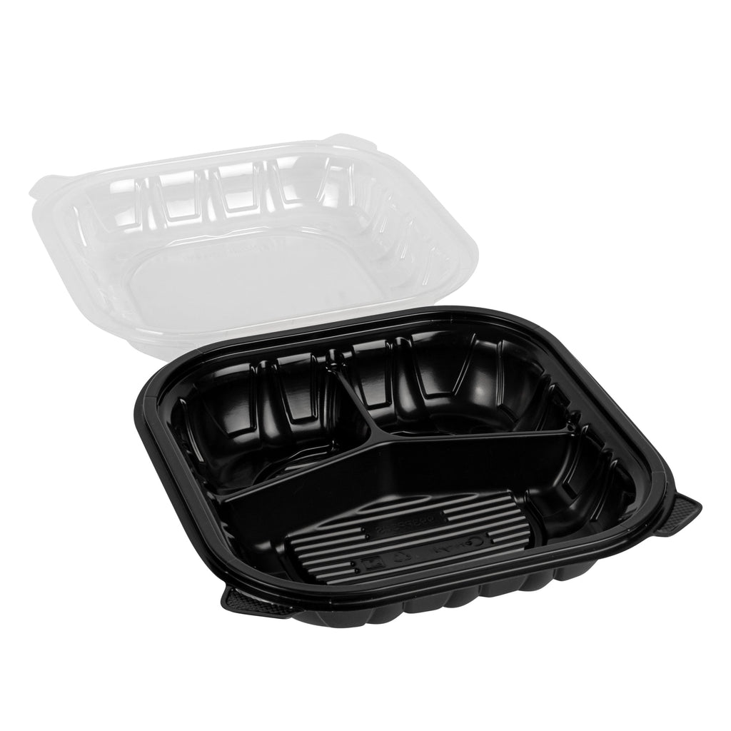 Thermo Tek 40 oz Black Plastic Clamshell Container - 3 Compartments, Microwavable - 9" x 9" x 3" - 100 count box