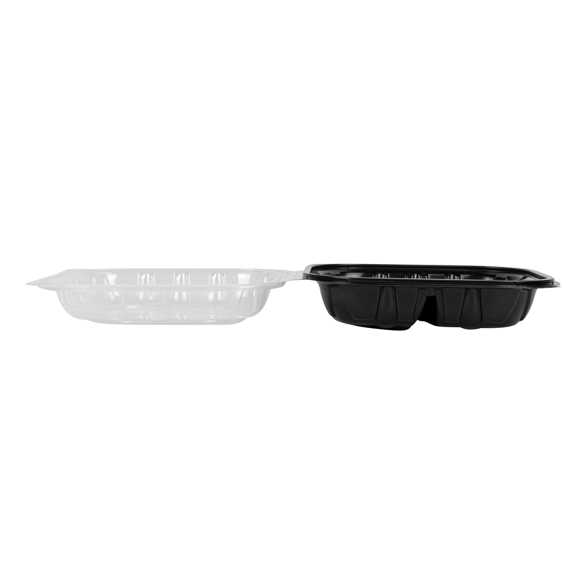 Thermo Tek 40 oz Black Plastic Clamshell Container - 3 Compartments, Microwavable - 9" x 9" x 3" - 100 count box