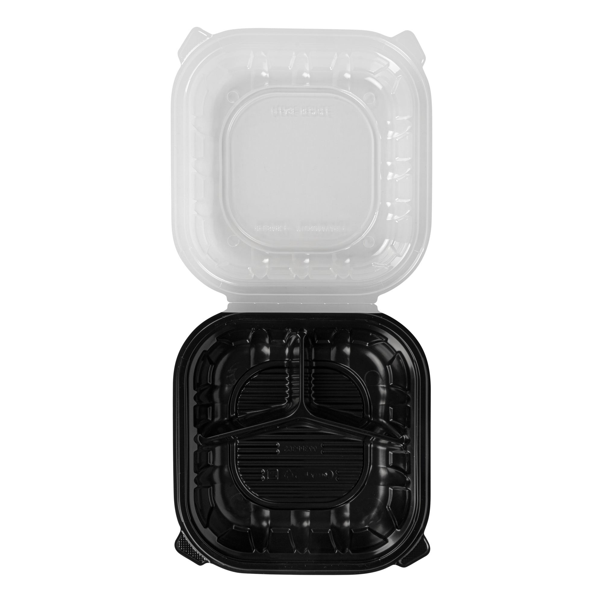 Thermo Tek 40 oz Black Plastic Clamshell Container - 3 Compartments, Microwavable - 9" x 9" x 3" - 100 count box