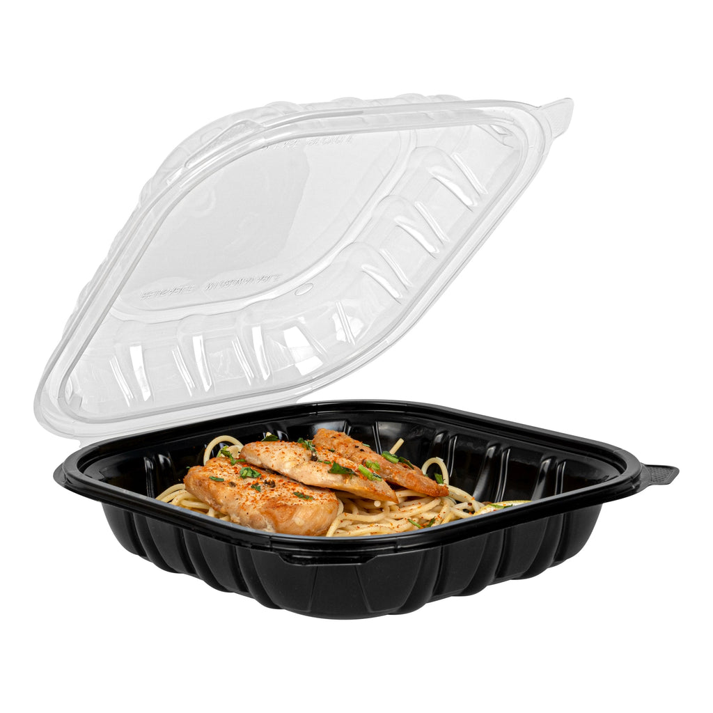 Thermo Tek 40 oz Black Plastic Clamshell Container - Microwavable - 9" x 9" x 3" - 100 count box