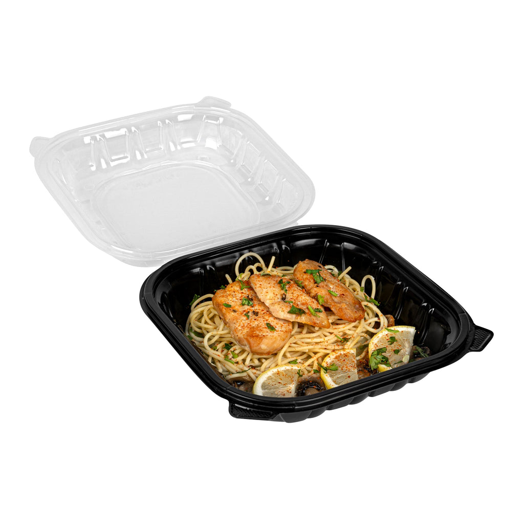 Thermo Tek 40 oz Black Plastic Clamshell Container - Microwavable - 9" x 9" x 3" - 100 count box