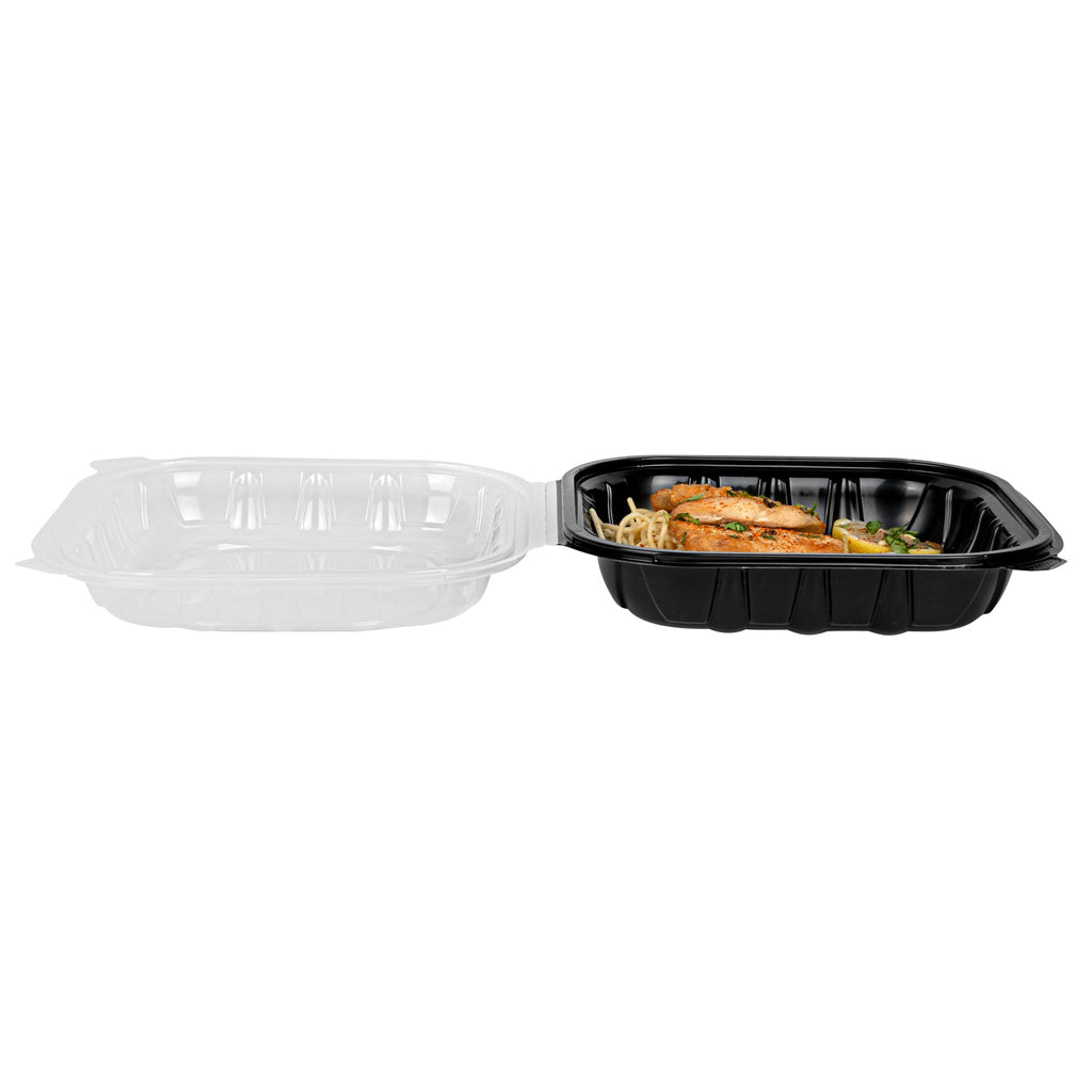 Thermo Tek 40 oz Black Plastic Clamshell Container - Microwavable - 9" x 9" x 3" - 100 count box