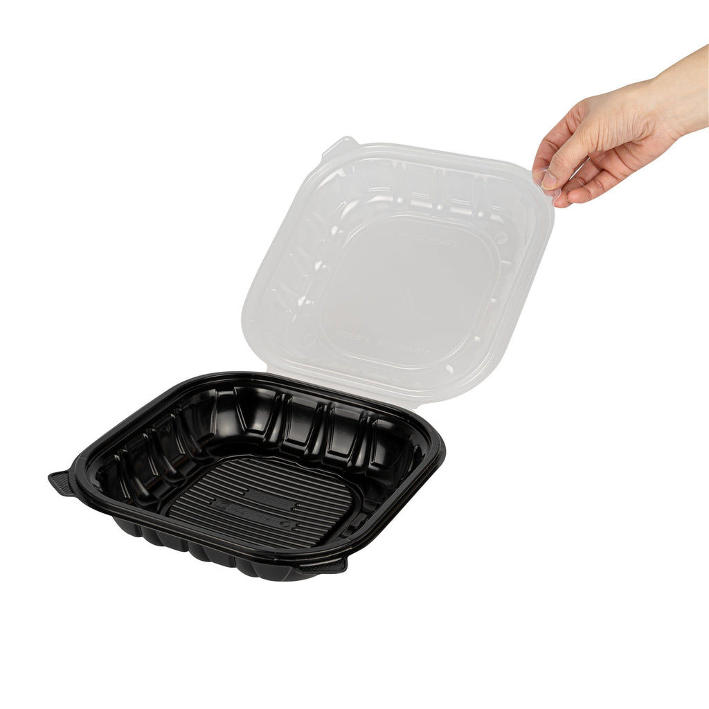 Thermo Tek 40 oz Black Plastic Clamshell Container - Microwavable - 9" x 9" x 3" - 100 count box
