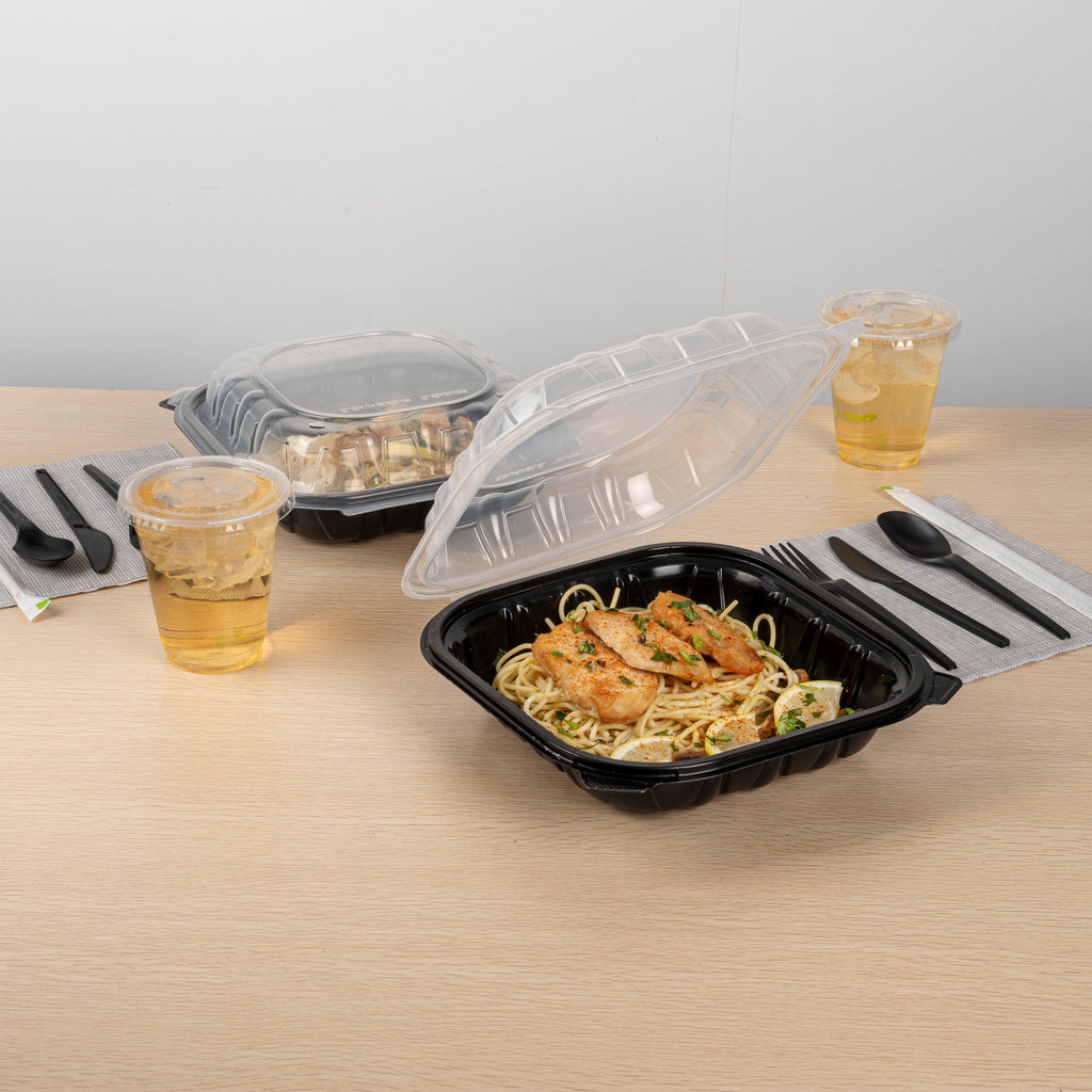 Thermo Tek 40 oz Black Plastic Clamshell Container - Microwavable - 9" x 9" x 3" - 100 count box