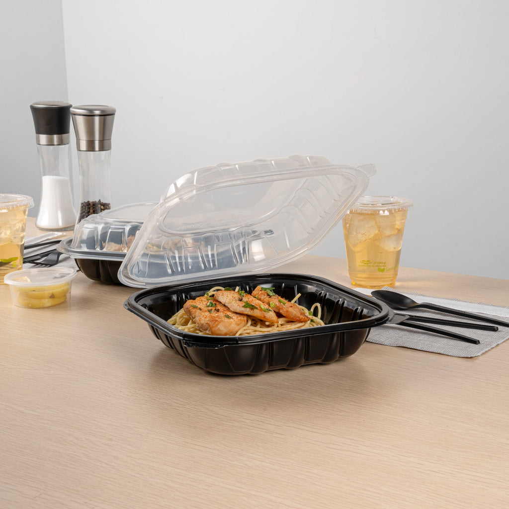 Thermo Tek 40 oz Black Plastic Clamshell Container - Microwavable - 9" x 9" x 3" - 100 count box