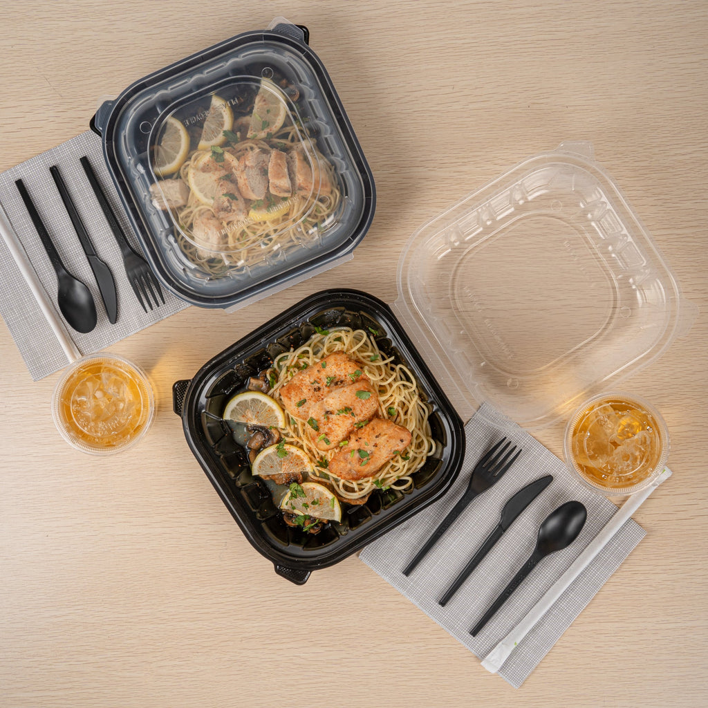Thermo Tek 40 oz Black Plastic Clamshell Container - Microwavable - 9" x 9" x 3" - 100 count box