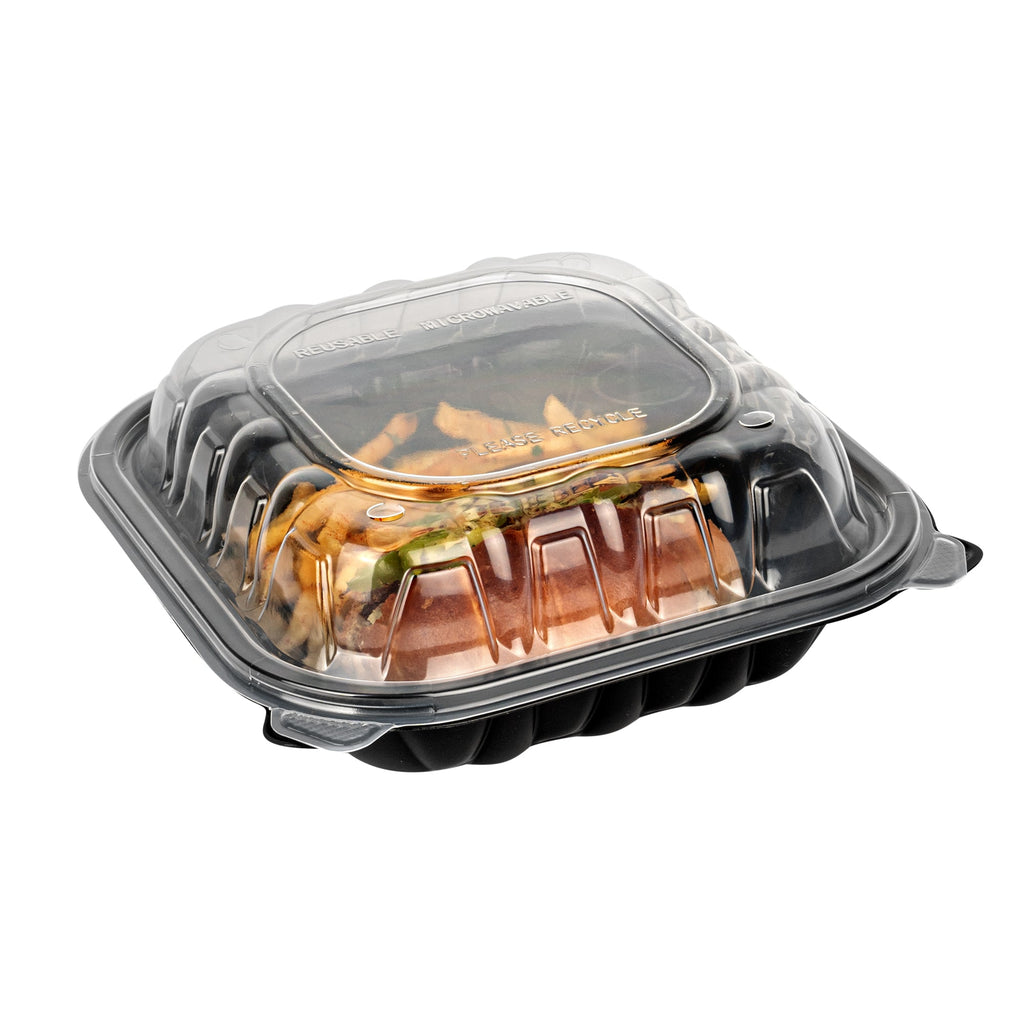 Thermo Tek 34 oz Black Plastic Clamshell Container - Microwavable - 8" x 8" x 3" - 100 count box