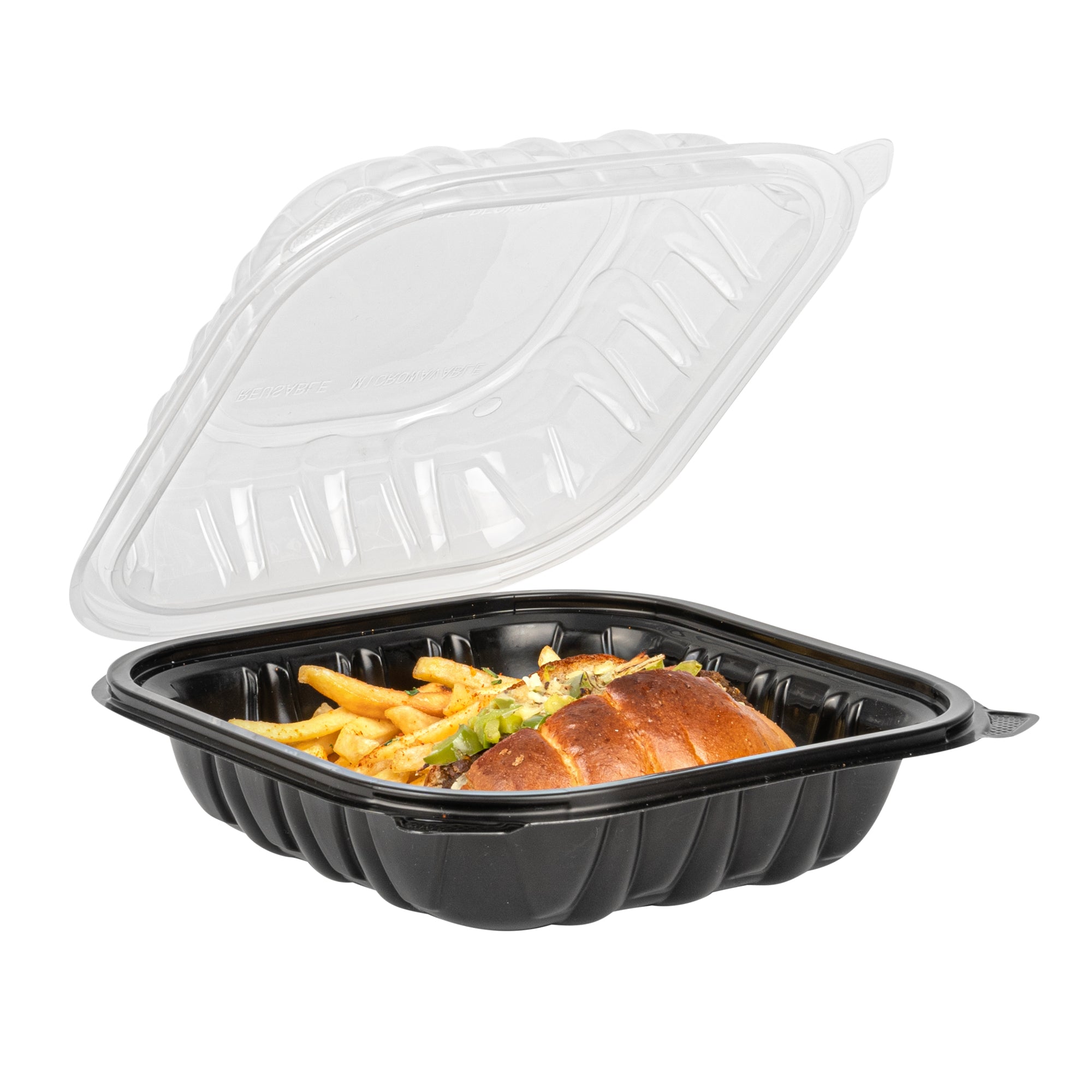 Thermo Tek 34 oz Black Plastic Clamshell Container - Microwavable - 8" x 8" x 3" - 100 count box