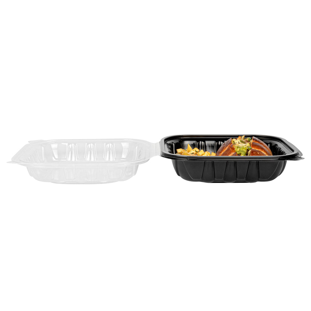Thermo Tek 34 oz Black Plastic Clamshell Container - Microwavable - 8" x 8" x 3" - 100 count box