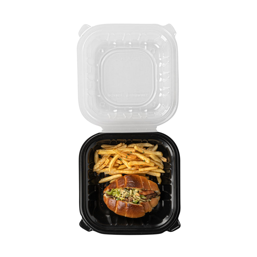 Thermo Tek 34 oz Black Plastic Clamshell Container - Microwavable - 8" x 8" x 3" - 100 count box
