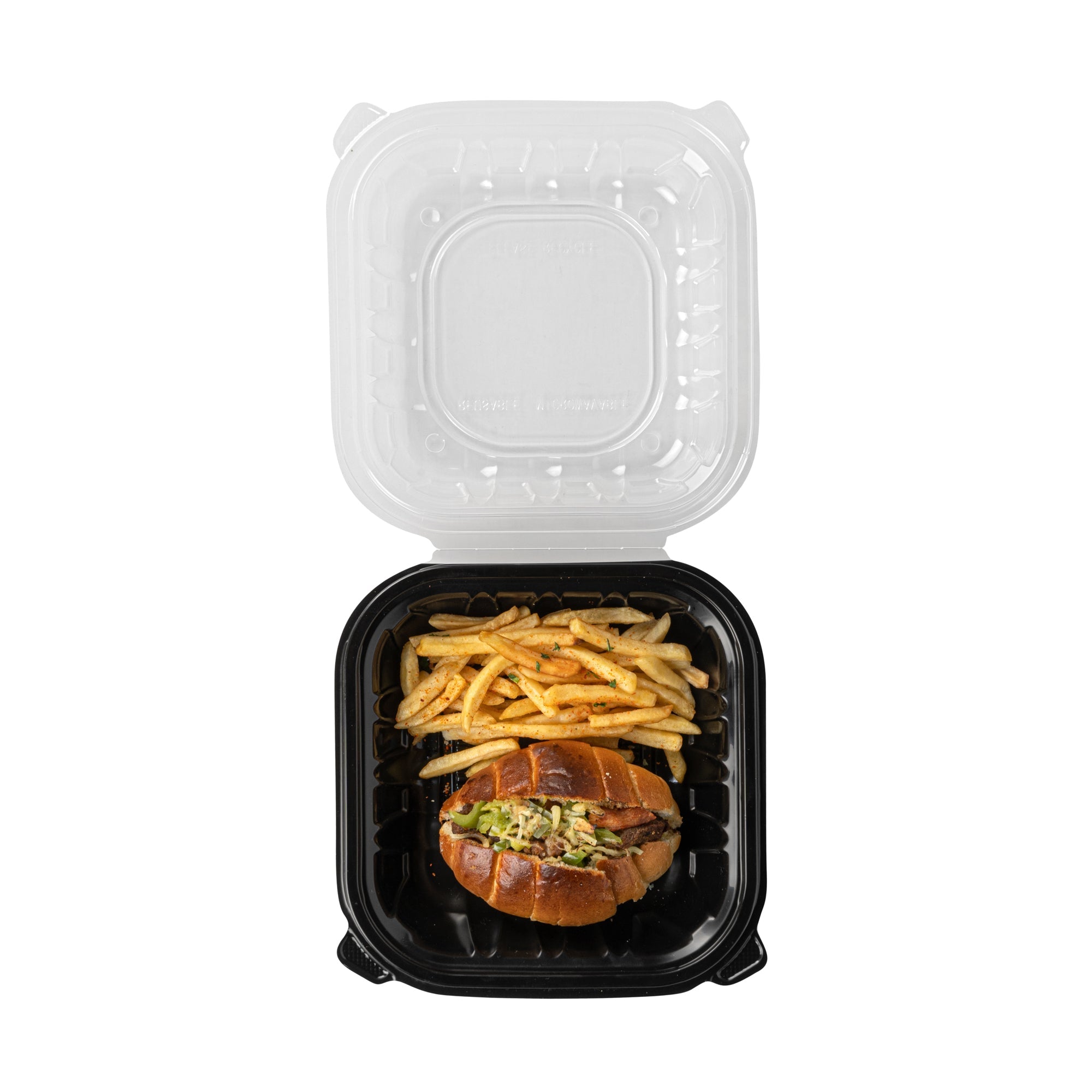 Thermo Tek 34 oz Black Plastic Clamshell Container - Microwavable - 8" x 8" x 3" - 100 count box