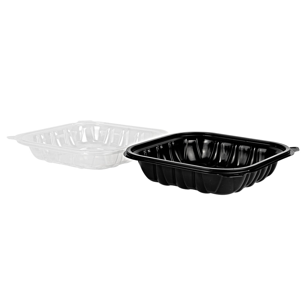 Thermo Tek 34 oz Black Plastic Clamshell Container - Microwavable - 8" x 8" x 3" - 100 count box